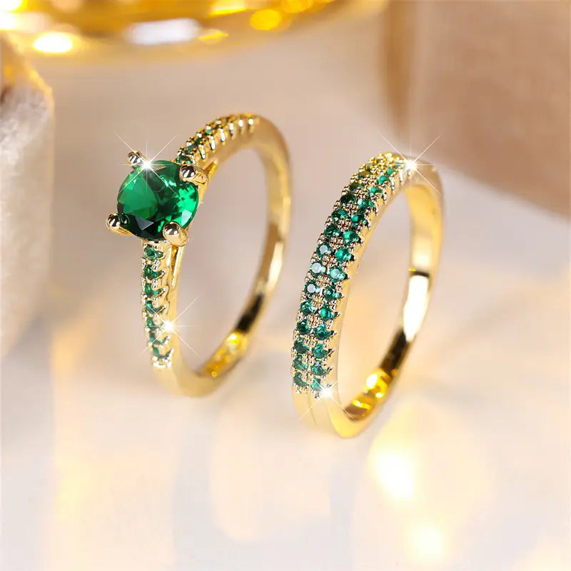 Gold Emerald Duo Ring Set
